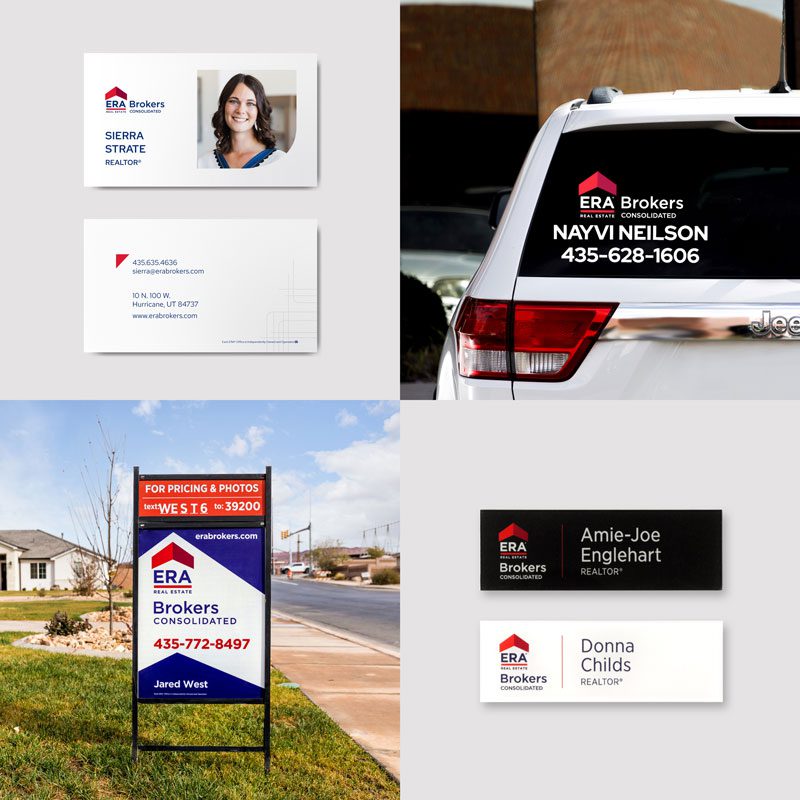 four photos of a sign, name tag, car decal, and business card